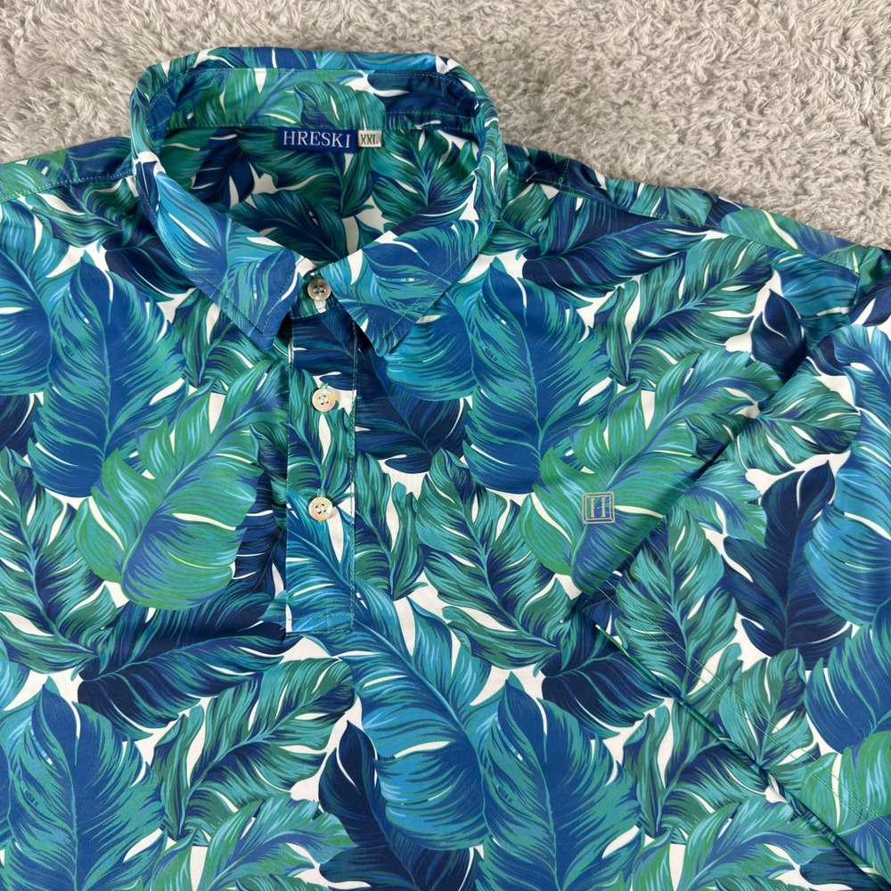 Hreski Mens XXL Polo Shirt Tropical Palm Leaf Blue Green Performance Golf Tee